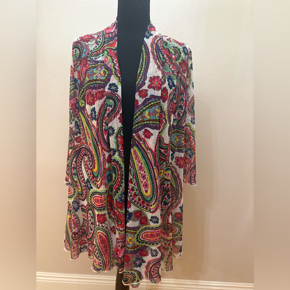 Ali Miles Sz S Multi Color Paisley Mesh Open Front Sheer Cardigan Layering Top - Picture 10 of 11
